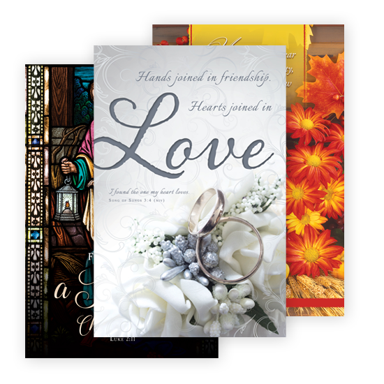 Church bulletins for weddings, funerals, and holidays